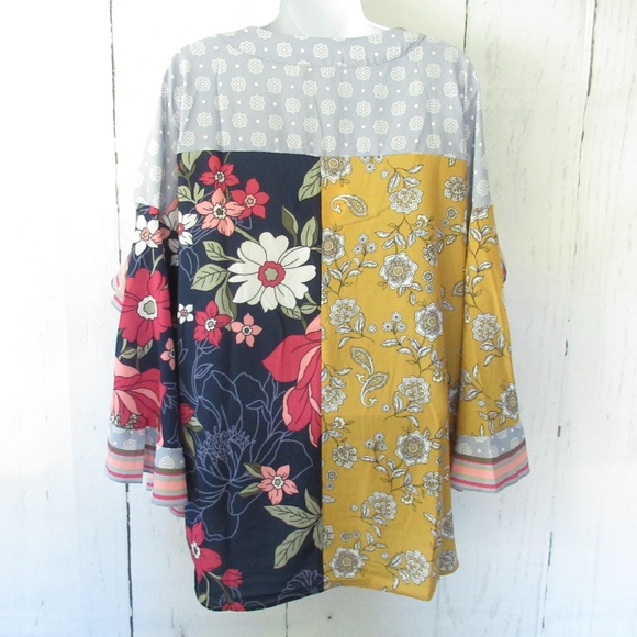 Umgee Top Floral Stripe Ruffle Sleeve Boho Peasant - Picture 6 of 8